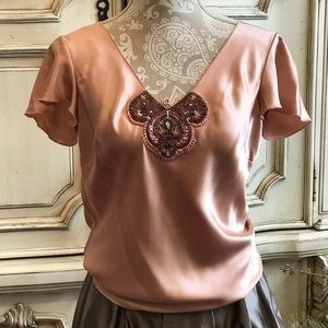 DANA BUCHMAN VTG TOP, SILK SATIN HAND BEADED NWT Sz 6 /Small Gorgeous Details .